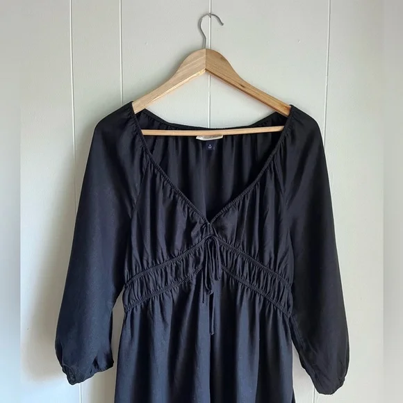 Universal Thread Black Linen Midi 3/4 Puff Sleeve Ruched Peasant Dress‎ … - Picture 4 of 10